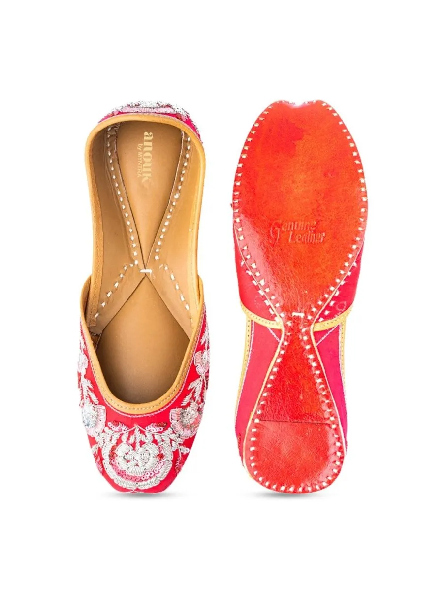 Anouk Women Red & Silver Toned Ethnic Embellished Mojaris