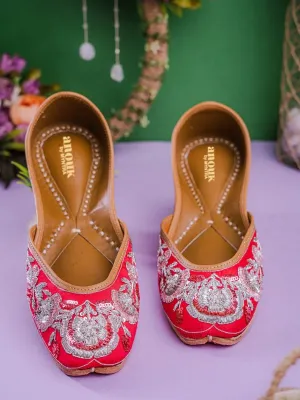 Anouk Women Red & Silver Toned Ethnic Embellished Mojaris