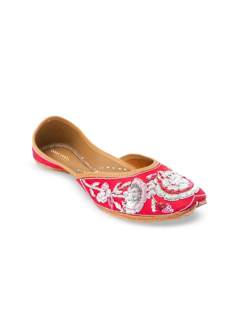 Anouk Women Red & Silver Toned Ethnic Embellished Mojaris