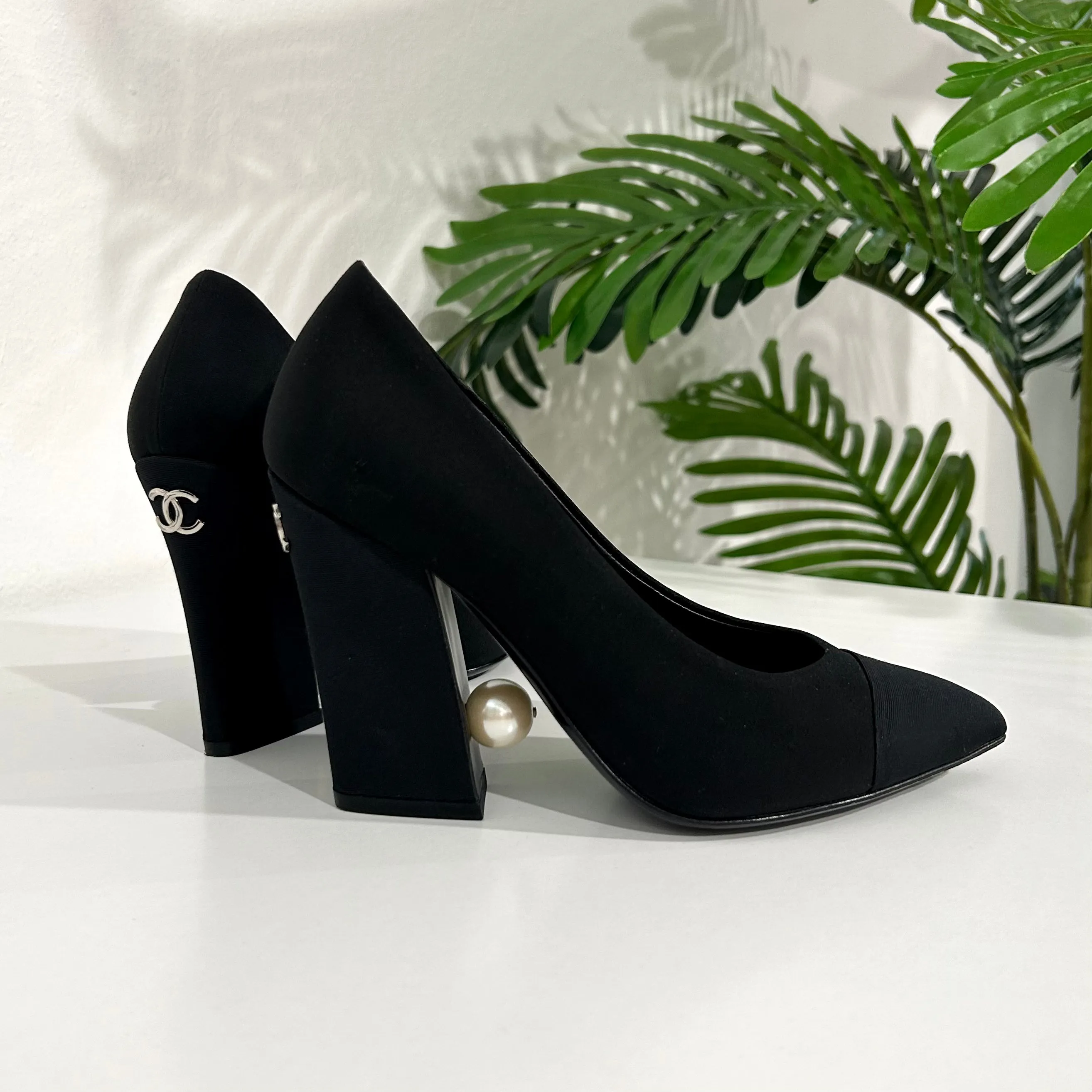 Chanel Grosgrain Pearl Block Heels