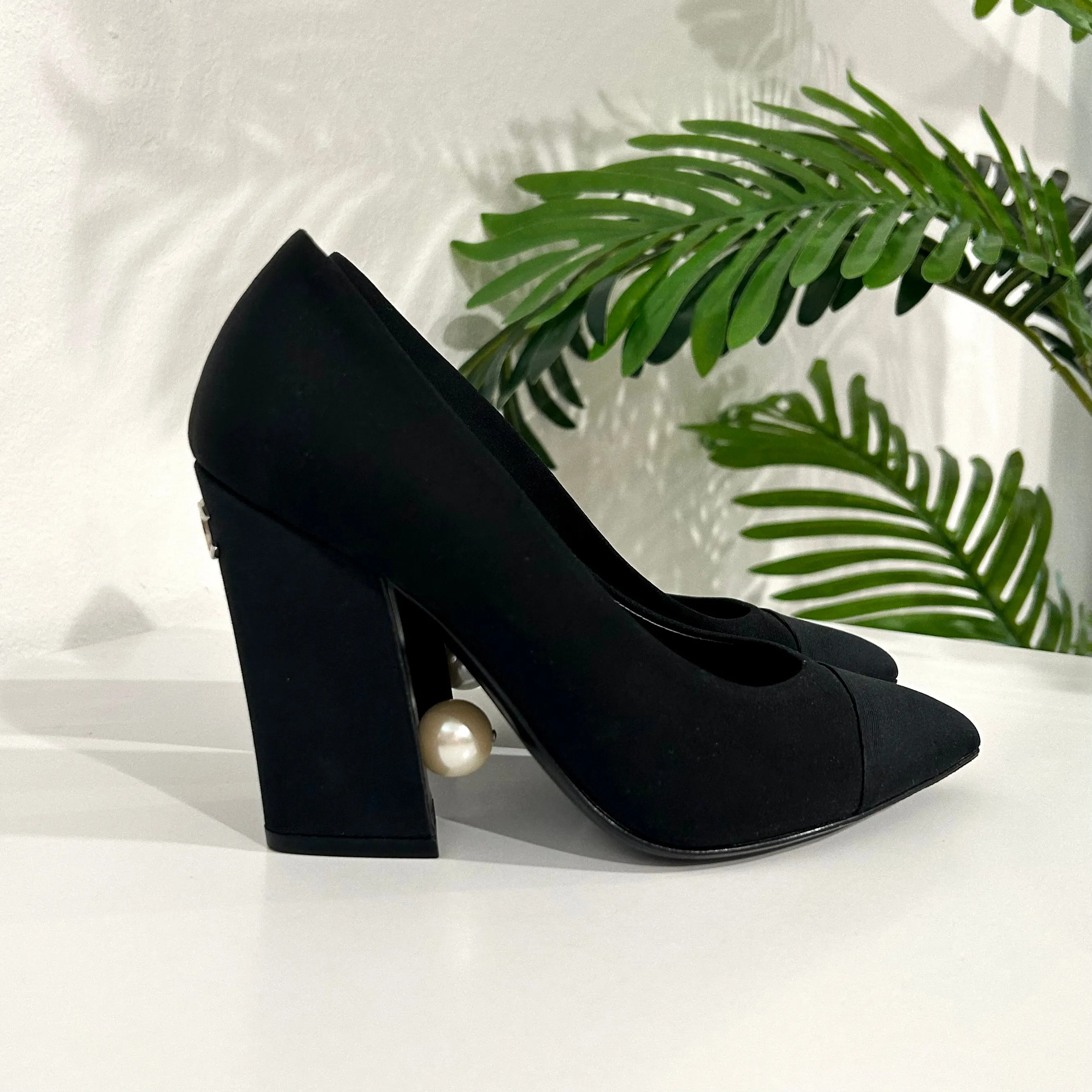 Chanel Grosgrain Pearl Block Heels