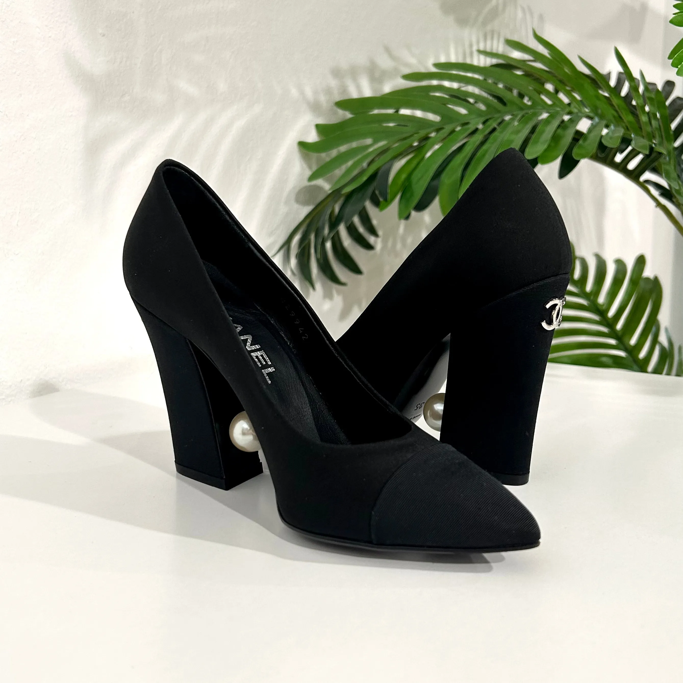 Chanel Grosgrain Pearl Block Heels