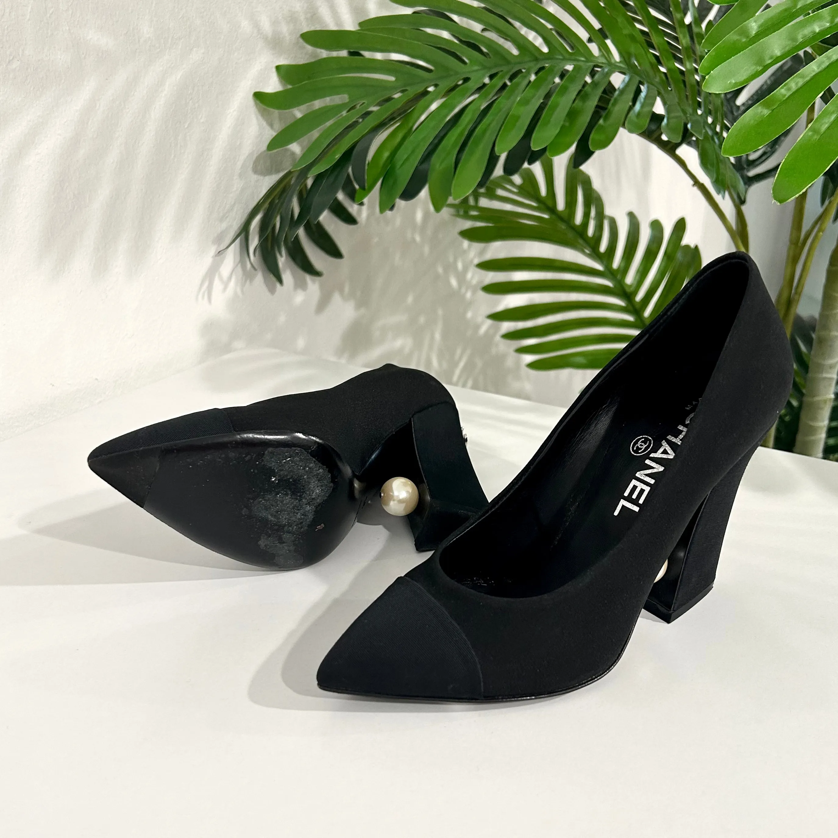 Chanel Grosgrain Pearl Block Heels