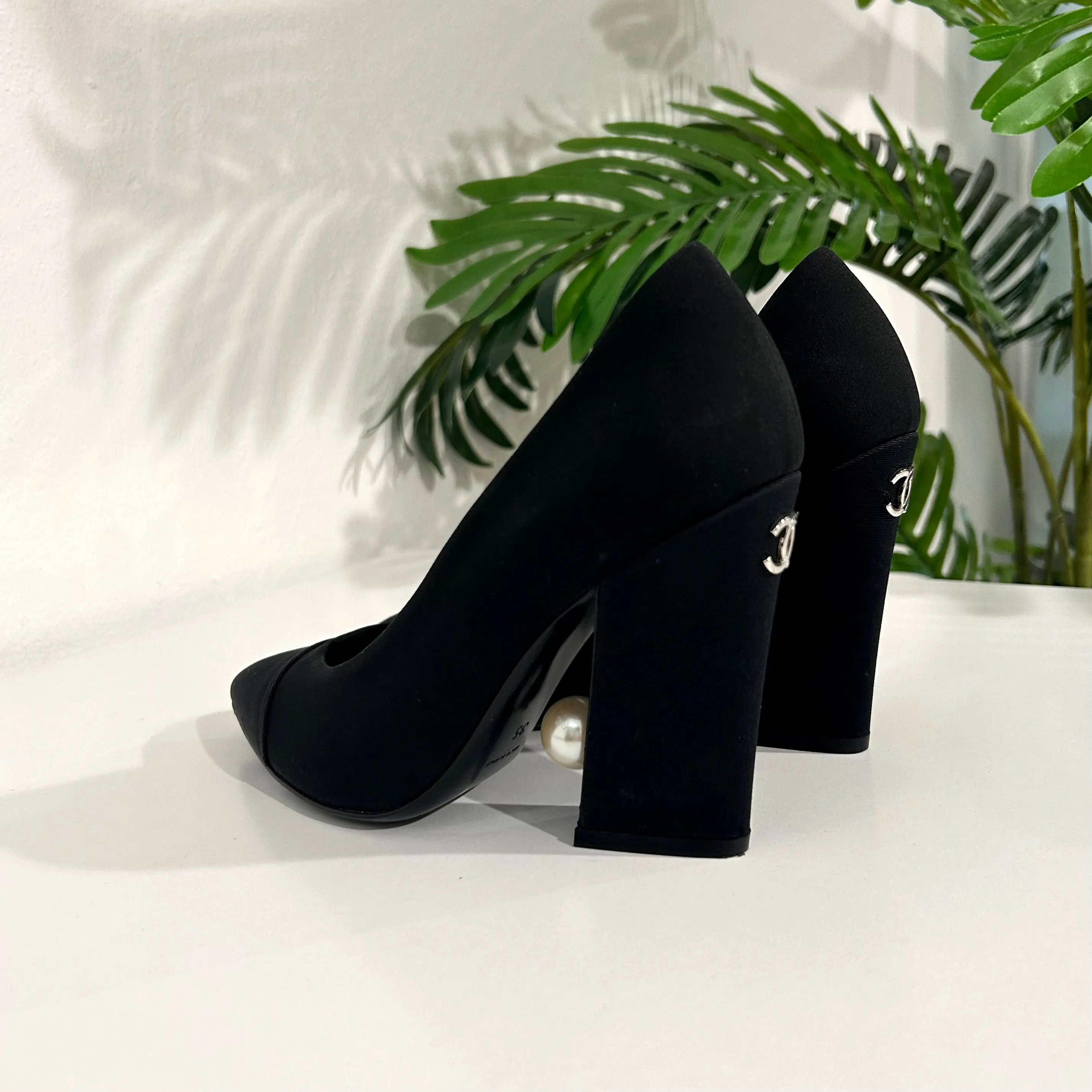 Chanel Grosgrain Pearl Block Heels