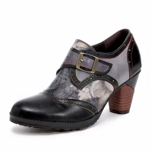 CrazycatZ Leather Pumps,Womens Colorful Vintage Block Heel Oxford Vintage Shoes Pumps Black