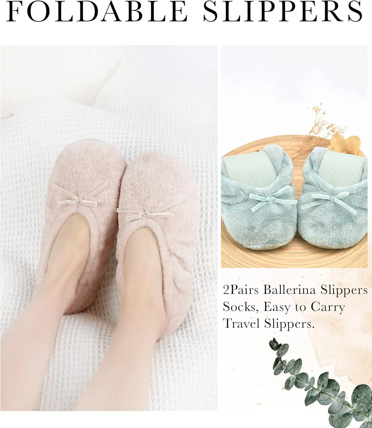 Panda Bros 2 Pairs Women's Ballerina House Slippers, Anti-Skid Comfy Warm Ballet Style Slippers