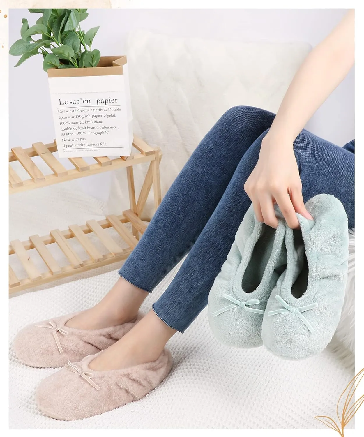 Panda Bros 2 Pairs Women's Ballerina House Slippers, Anti-Skid Comfy Warm Ballet Style Slippers