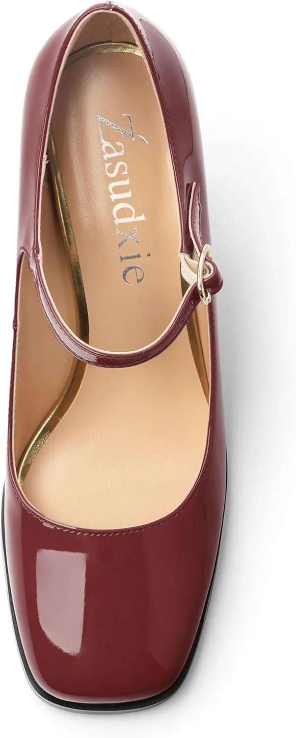Women's Mary Jane Heels, Chunky Heels Mary Jane Square Toe Pumps One Strap Patent Leather Block High Heels Dress Shoes 3.15 Inch