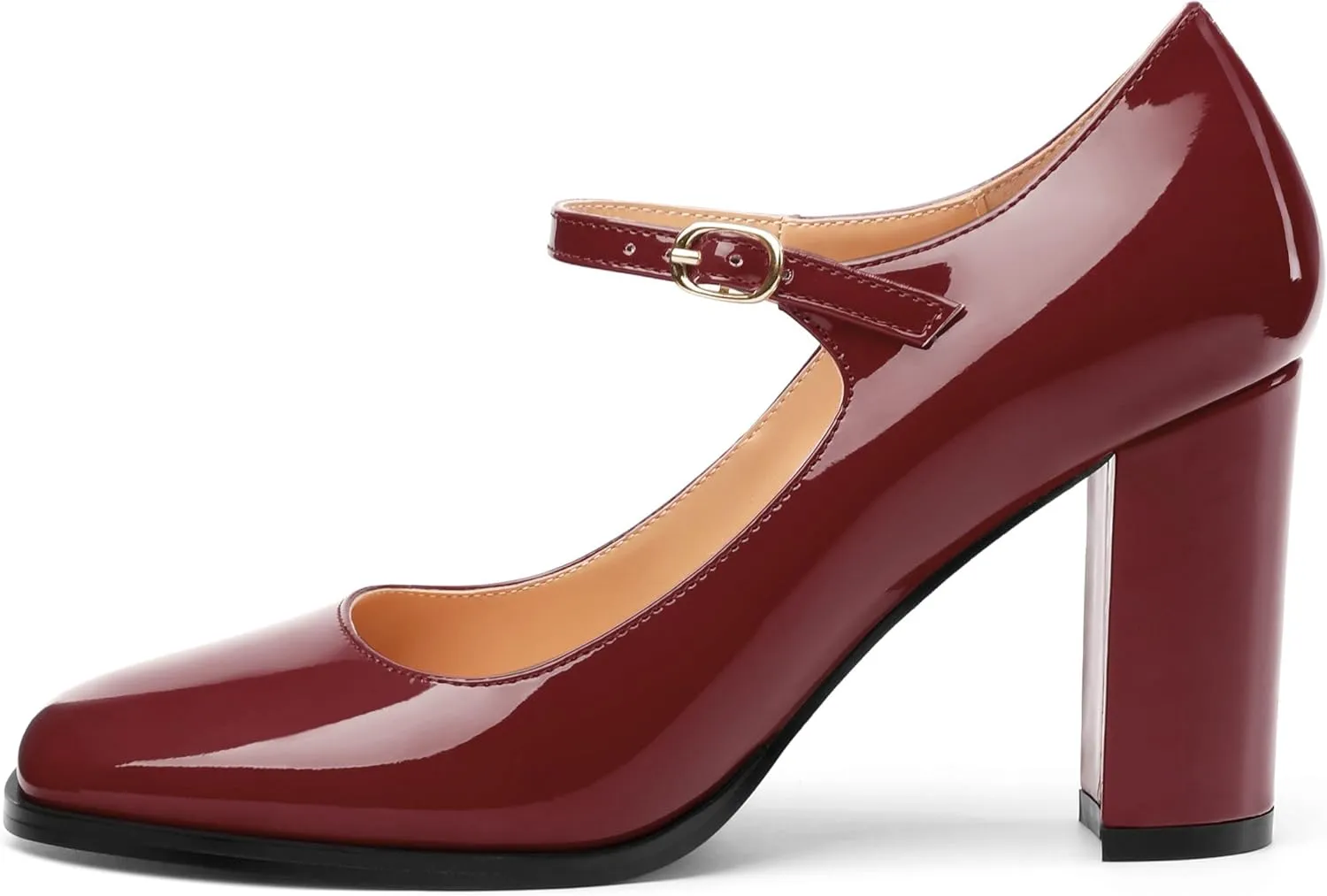 Women's Mary Jane Heels, Chunky Heels Mary Jane Square Toe Pumps One Strap Patent Leather Block High Heels Dress Shoes 3.15 Inch