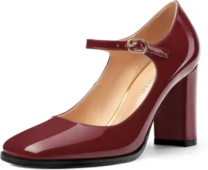Women's Mary Jane Heels, Chunky Heels Mary Jane Square Toe Pumps One Strap Patent Leather Block High Heels Dress Shoes 3.15 Inch