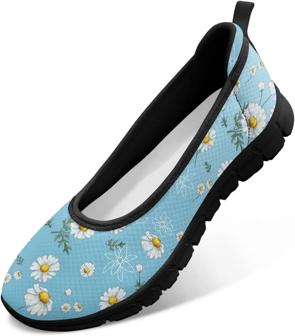 Women's Printed Ballet-Style Flats Slip on Everyday Casual Shoes Floral Paw Pattern Breathable Mesh Lightweight Comfortable Walking Shoes for Travel Dating Black Sole Size 6-11