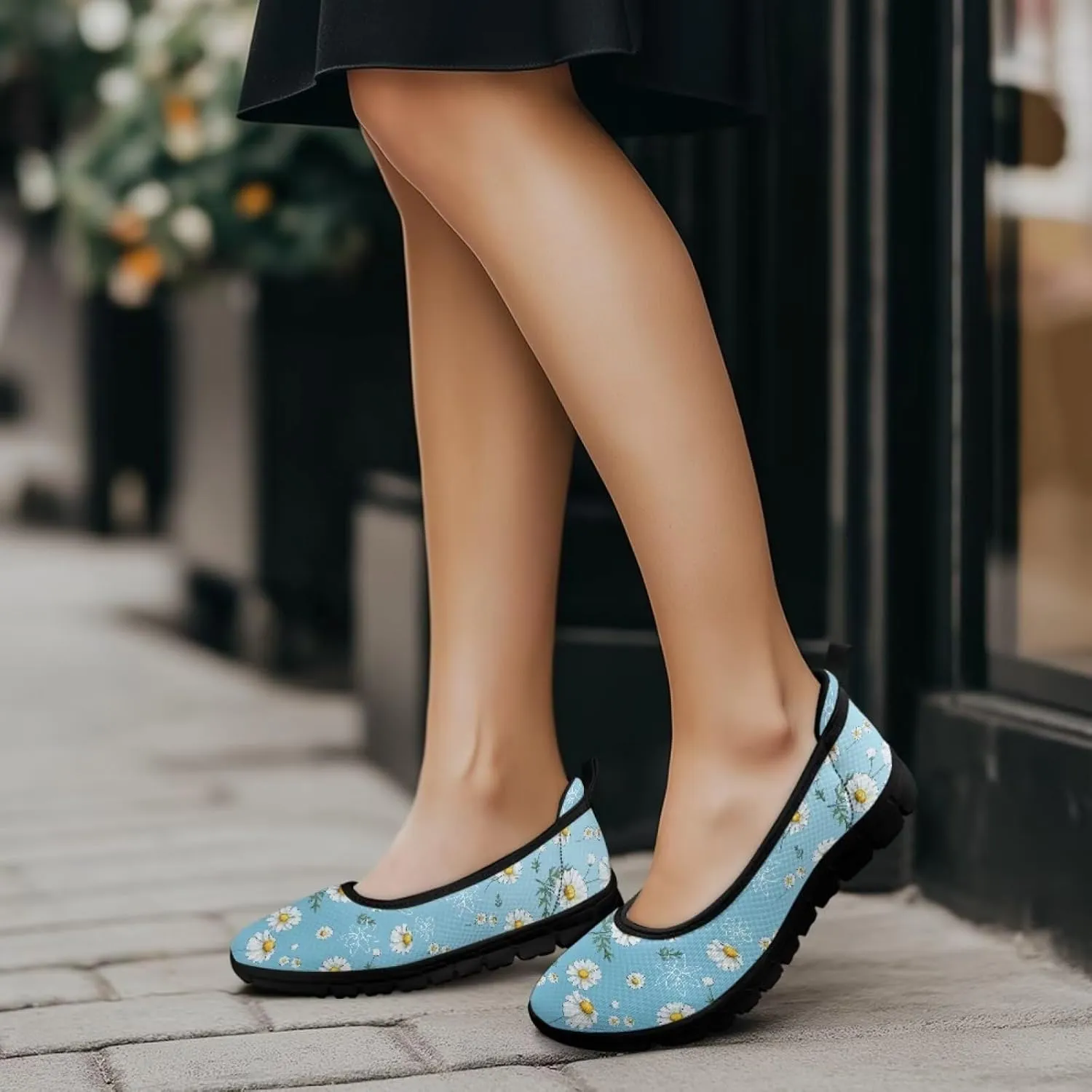 Women's Printed Ballet-Style Flats Slip on Everyday Casual Shoes Floral Paw Pattern Breathable Mesh Lightweight Comfortable Walking Shoes for Travel Dating Black Sole Size 6-11