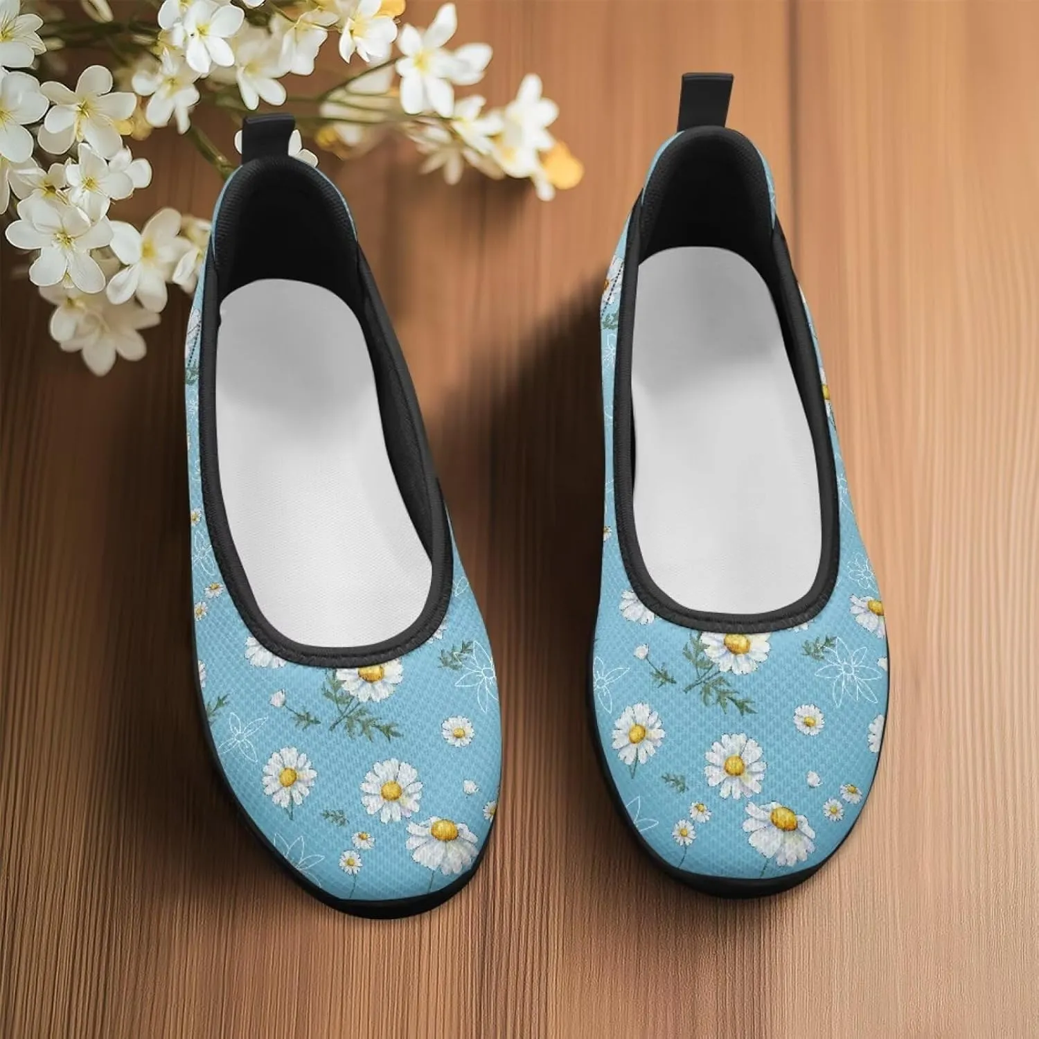 Women's Printed Ballet-Style Flats Slip on Everyday Casual Shoes Floral Paw Pattern Breathable Mesh Lightweight Comfortable Walking Shoes for Travel Dating Black Sole Size 6-11